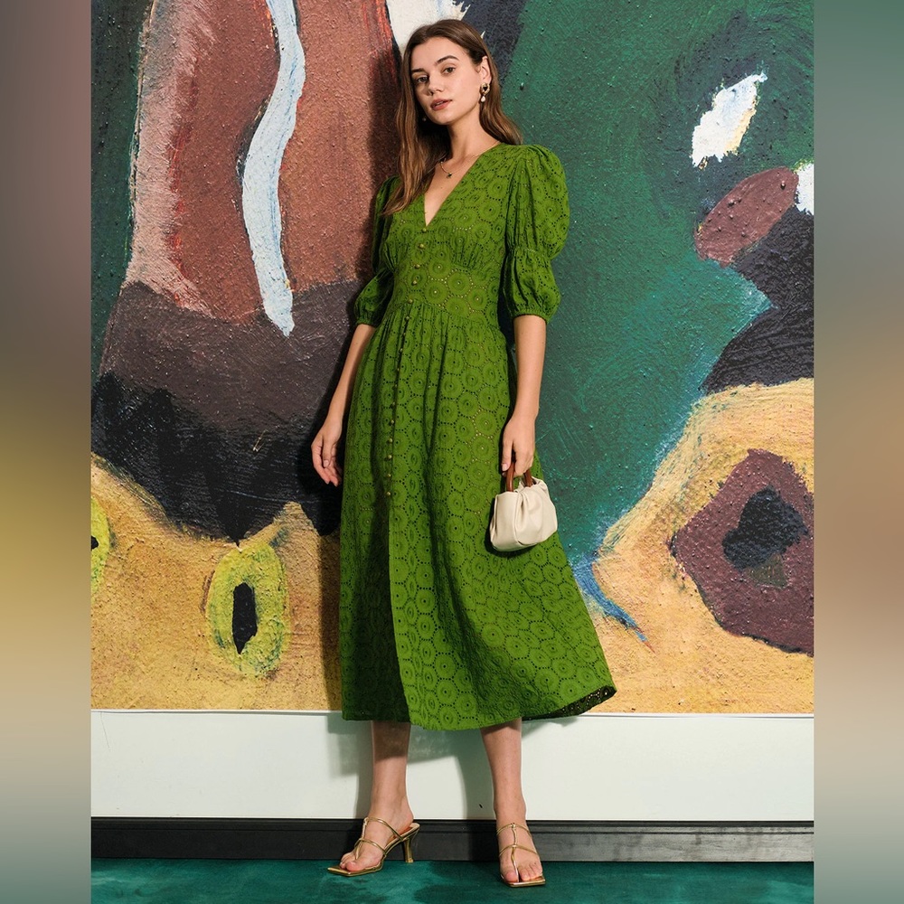 NWT RIHOAS The Puff Sleeve Cutout Slit Maxi Dress Sz S